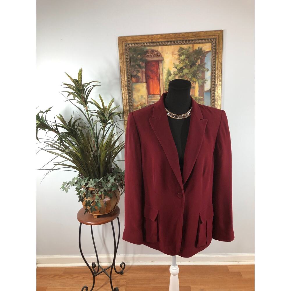 Liz Claiborne One-Button Blazer Jacket Womens 12 Burgundy Preppy Double Vented